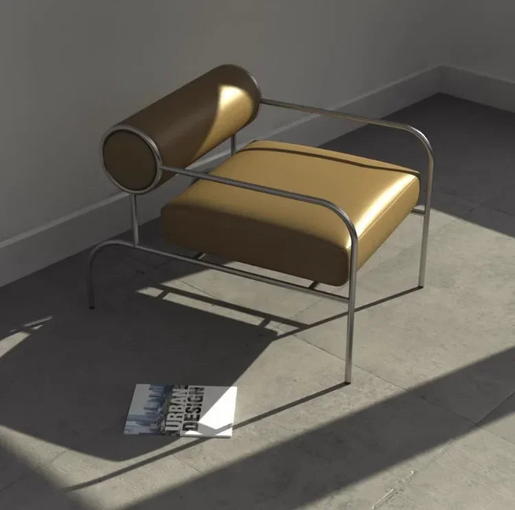 Art Deco Style Chrome & Leather Lounge Chair,Accent Leisure Chair with Geometric Metal Frame,Retro Furniture for Living Room