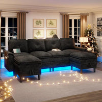 Sectional Couches with Charging, Storage Ottoman, 4-Seat LED U-Shape Sofa for Modern Living Rooms