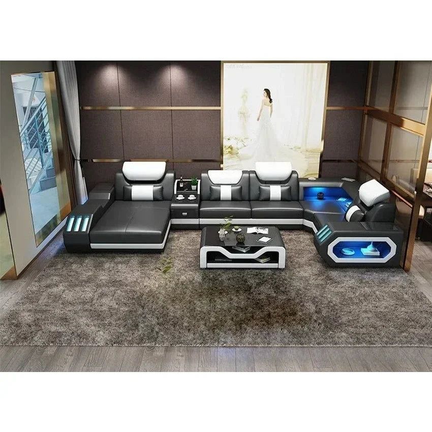 LED Lighted Sofa Set with Recliner, Speaker & USB Ports | Genuine Leather Sectional Couch with Console & Adjustable Headrests