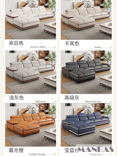 MINGDIBAO Premium Italian Genuine Leather Sofa Set for Living Room with Adjustable Headrests, Bluetooth Speaker, Wireless Charge