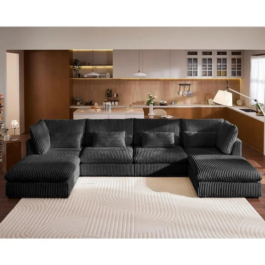 Wide Seat Sectional with Reversible Chaise, Modern Comfy Sleeper Sofa Bed for Living Room, Shaped Couches in Corduroy
