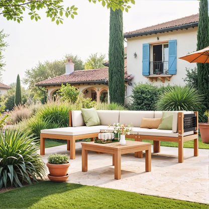 5 Pieces Acacia Wood Outdoor Sectional Sofa Set with Coffee Table, Outdoor L-Shaped Couch with All-Weather Cushion for Patio