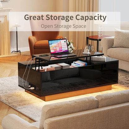 47" Modern LED Coffee Table with Lift Top, All Black Coffee Table with Storage High Gloss Surface, Hidden Storage with Drawer,