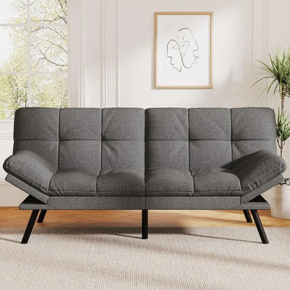 Convertible Sofa Bed with Grey Linen Upholstery, Detachable Cushion, Adjustable Backrest & Armrest, Ideal for Small Recliner Lov