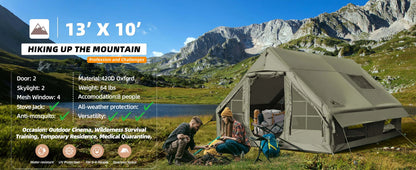 129 Square Feet Green Inflatable Camping Tent with Hand Pump,Waterproof Windproof Outdoor Blow up Tent with Chimney Stack