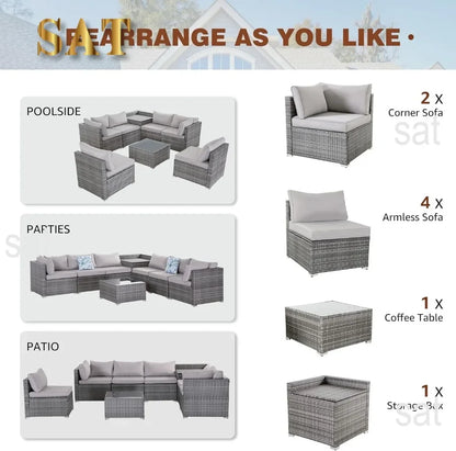 A 8 Pieces Patio Furniture Set Wicker Outdoor Conversation Set Rattan Sectional Sofa Set w/Storage Box & Glass Coffee Table