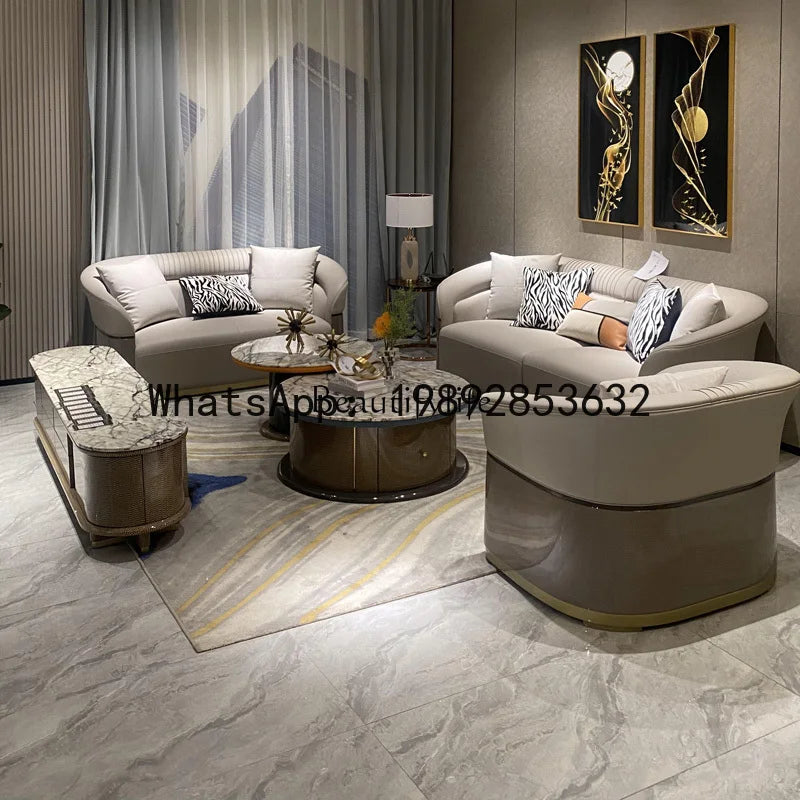 FF Italian Style Light Luxury Genuine Leather Sofa Villa Living Room Large and Small Suite Combination