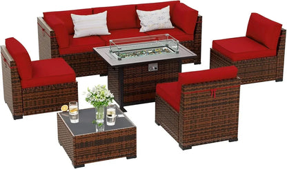8 Pieces Outdoor Furniture Sectional Rattan Sofa with Fire Pit Table, Patio Couch with Glass Coffee Table for Backyard Garden