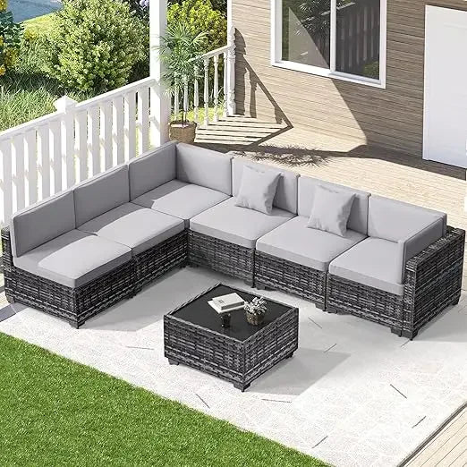7-piece outdoor patio set, rattan chairs, glass table, wicker sectional for conversation seating