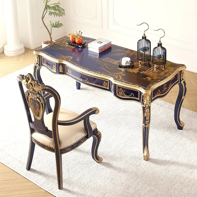 Royal Blue Hand-Painted Solid Wood French-Chinese Dining Set Dining & Study Dual Use