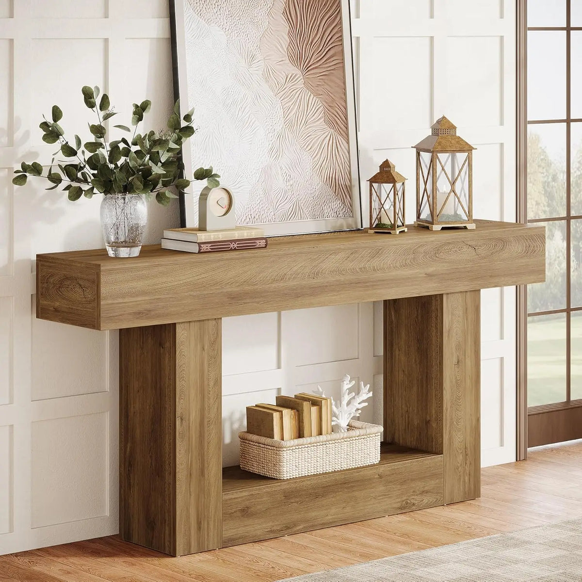Rustic 2-Tier 63 Console Table with Storage for Entryway, Living Room, and Hallway in Brown & Gray