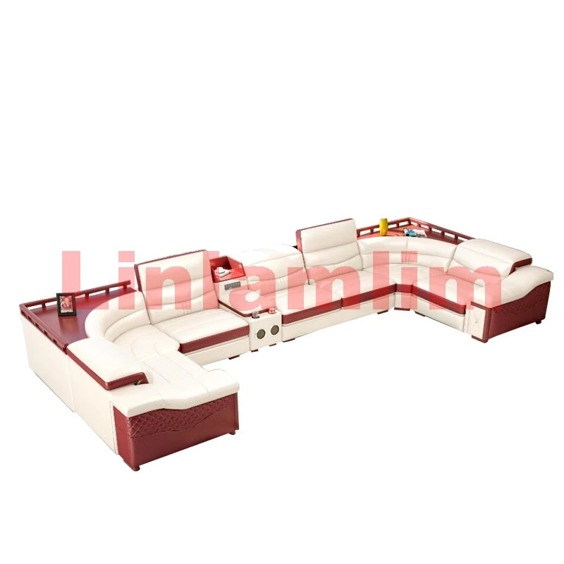 MANBAS Italian Cow Genuine Leather Couch Set Big Sofas Modernos Para Sala with Speaker, Bluetooth Audio, USB Charging,Storage