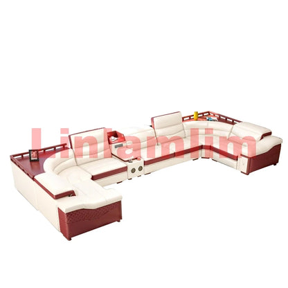 MANBAS Italian Cow Genuine Leather Couch Set Big Sofas Modernos Para Sala with Speaker, Bluetooth Audio, USB Charging,Storage