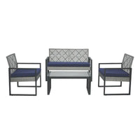 4-Piece Outdoor Patio Furniture Set for Balcony Garden Lawn, Gray Acacia Wood Table, Blue Cushions, Light Gray Rattan