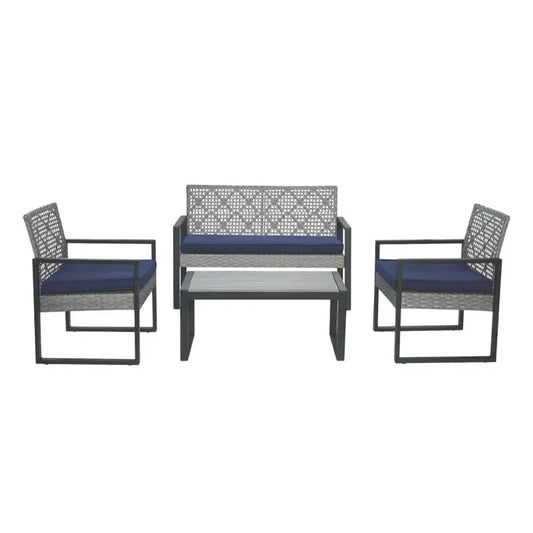 4-Piece Outdoor Patio Furniture Set for Balcony Garden Lawn, Gray Acacia Wood Table, Blue Cushions, Light Gray Rattan
