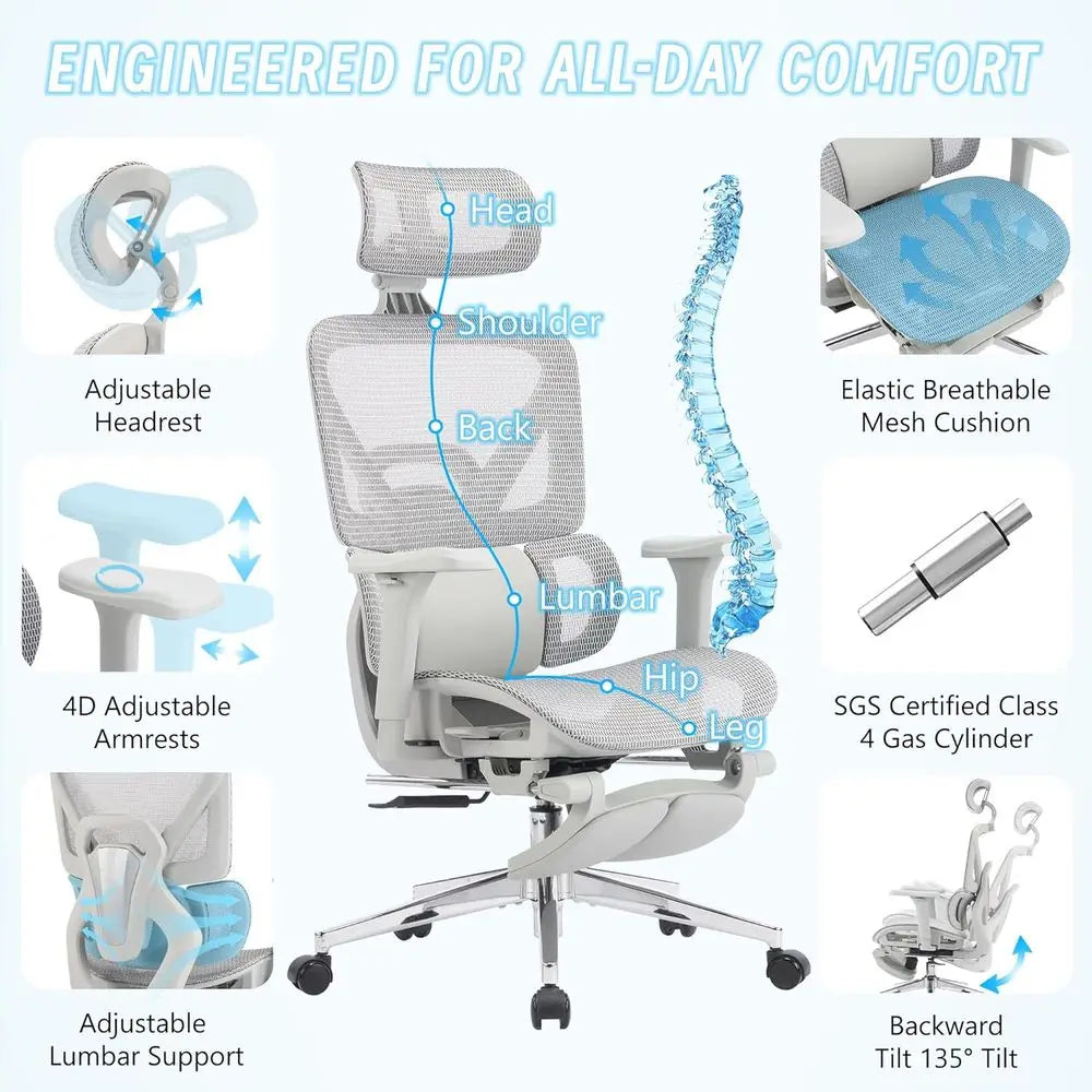 High-Back Mesh Ergonomic Office Chair with Adjustable Footrest, Lumbar Support, and 4D Armrests for Home and Gaming Desks