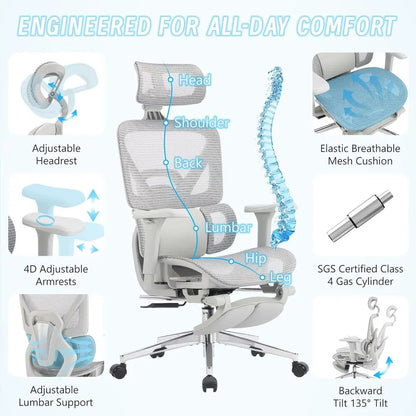 High-Back Mesh Ergonomic Office Chair with Adjustable Footrest, Lumbar Support, and 4D Armrests for Home and Gaming Desks