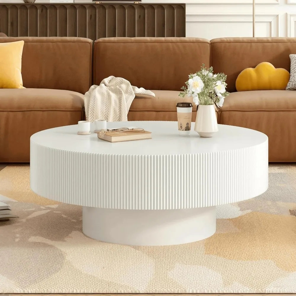 modern 31 inch round coffee table with sturdy base, wood center tables for living room reception room, easy assemble, white