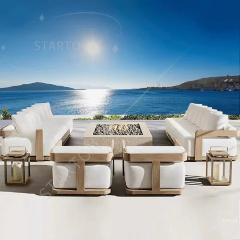 Contemporary Style Comfortable Teak Wood Garden Furniture Set Modern Outdoor Patio Conversation Sofa with Fire Pit