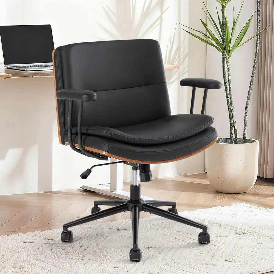 Office Desk Chair with Armrests amp Wheels, Modern Walnut Swivel Rolling Executive Task Chair, PU Leather Vanity Chair with Lumb