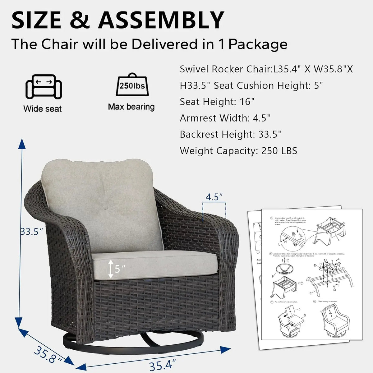 Brown Outdoor Wicker Swivel Glider Rocking Chair with Water-Resistant Cushions