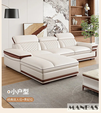 MINGDIBAO Premium Italian Genuine Leather Sofa Set for Living Room with Adjustable Headrests and Built-in Bluetooth Speaker, USB