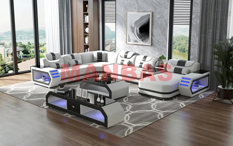 Modern LED Light Genuine Leather Sectional Sofa Set with Storage Shelves, USB Charging Ports, Cup Holder and Contemporary Design