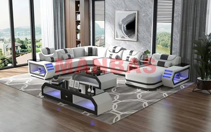 Modern LED Light Genuine Leather Sectional Sofa Set with Storage Shelves, USB Charging Ports, Cup Holder and Contemporary Design