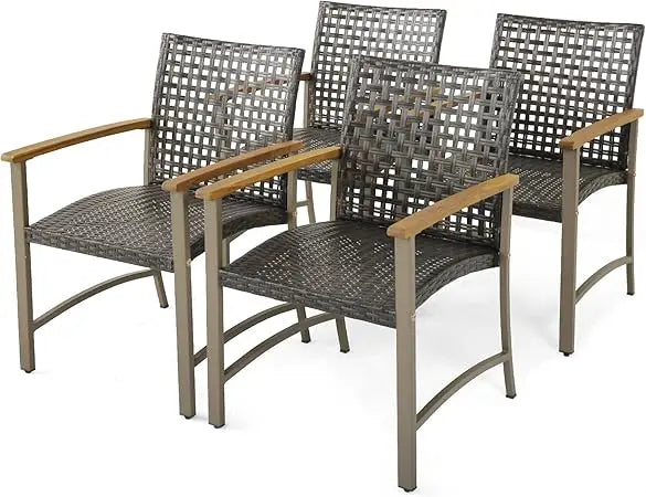 Patio Dining Chairs Set of 4, Outdoor PE Wicker & Heavy-Duty Metal Chairs with Acacia Wood Armrests, Outdoor Rattan Armchairs f