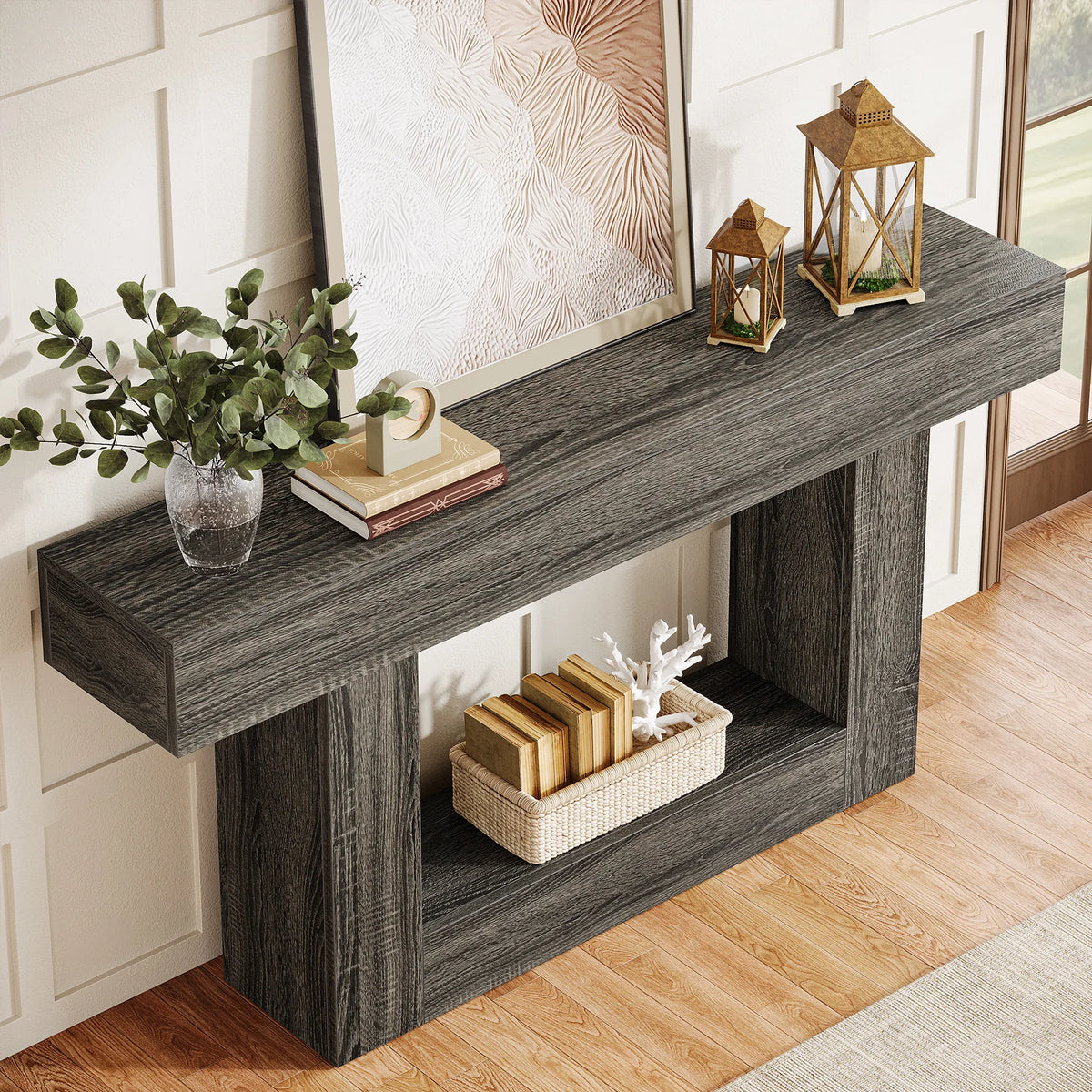 Rustic 2-Tier 63 Console Table with Storage for Entryway, Living Room, and Hallway in Brown & Gray