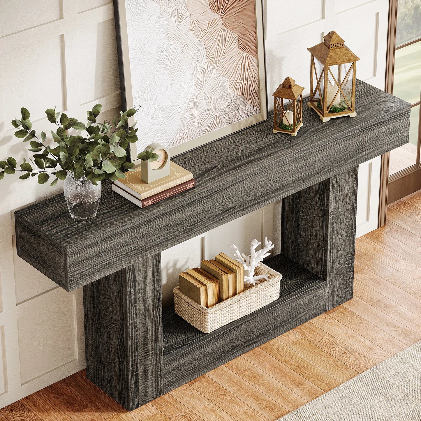 Rustic 2-Tier 63 Console Table with Storage for Entryway, Living Room, and Hallway in Brown & Gray