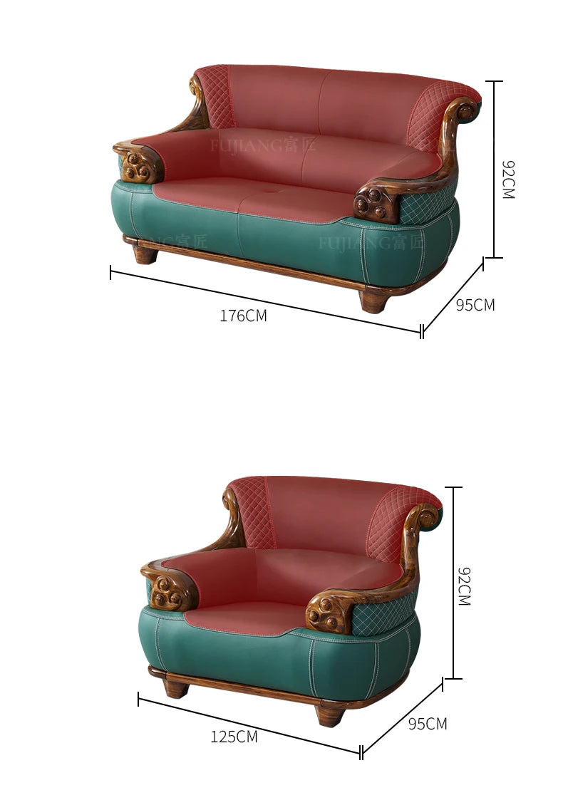 New Chinese-style thick leather sofa with solid wood 123 living room combination large apartment villa furniture  FT