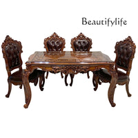 European-style all-solid wood dining table and chairs, living room, luxury villa home square table, French glass dining table