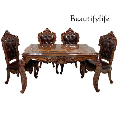 European-style all-solid wood dining table and chairs, living room, luxury villa home square table, French glass dining table