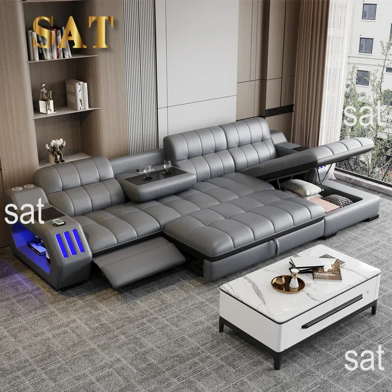 -Popular New Products Massage Function Furniture Living Room Sofa 3 Set Leather Sectional L-shaped Princess Side Table Bluetooth