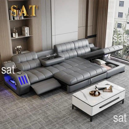 -Popular New Products Massage Function Furniture Living Room Sofa 3 Set Leather Sectional L-shaped Princess Side Table Bluetooth