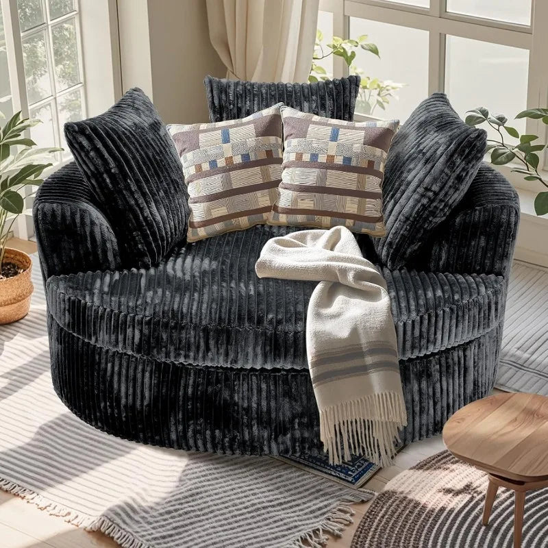 59 Inch Oversized Chaise Lounge Chair Indoor, Round Corduroy Chaise Lounge Sofa Bed with Throw Pillows and Backrest, Plush Sleep