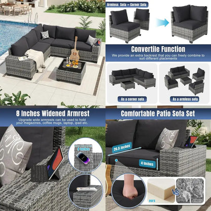 Patio Furniture Set Wicker Rattan Outdoor Sectional Conversation Set with Coffee Table and Thick Cushions