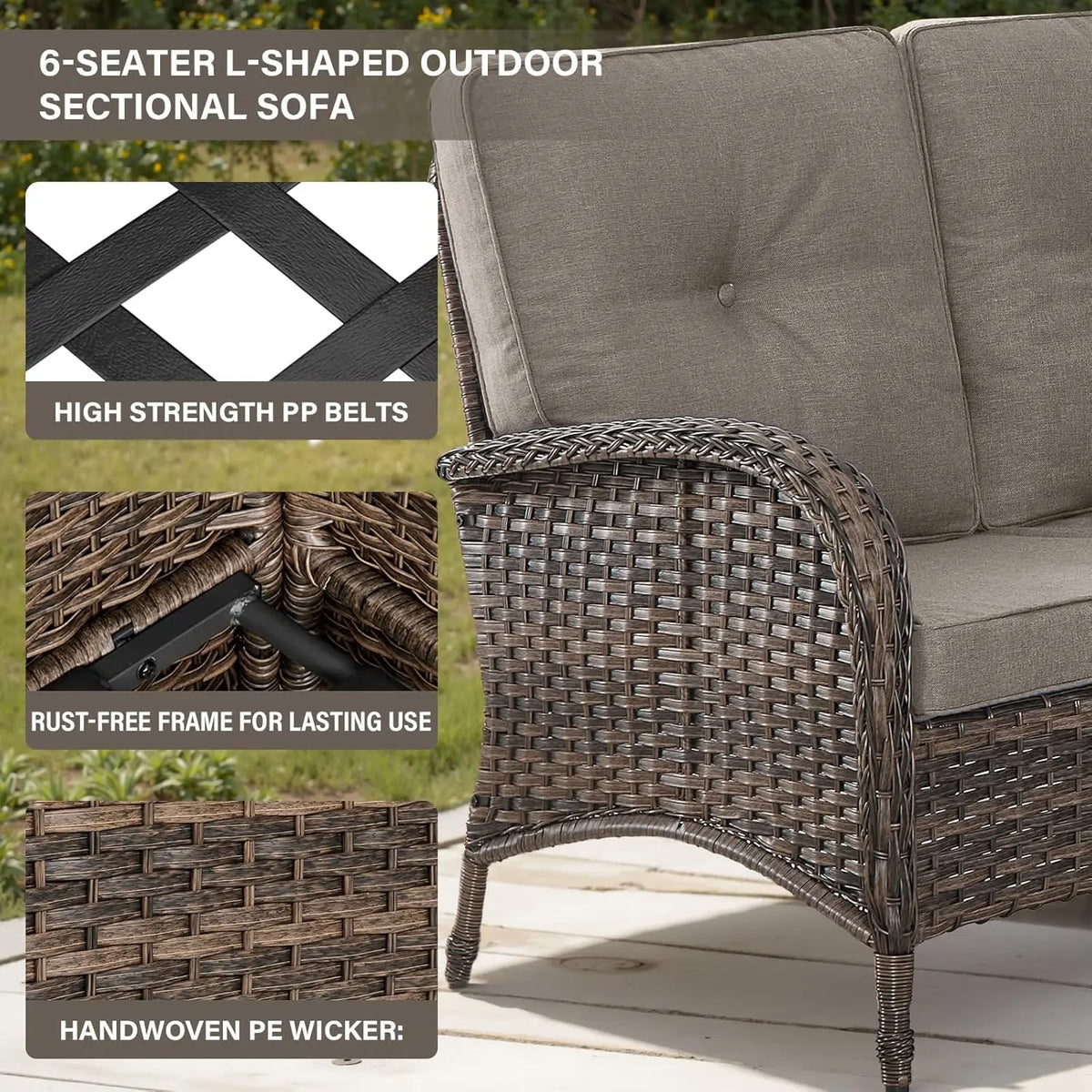 6-Seater Outdoor Sectional Sofa L Shaped Couch Patio Conversation Furniture Set, PE Wicker Patio Sectional Sofa, Customized