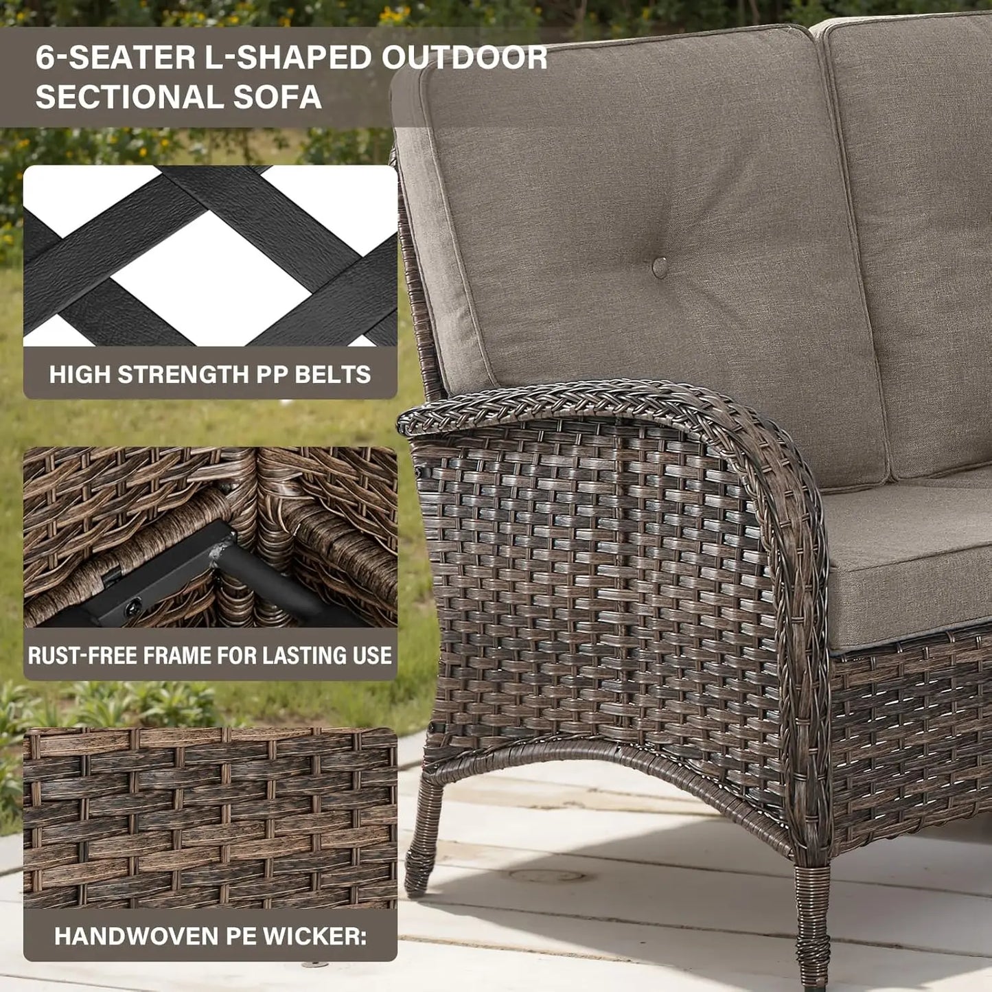 6-Seater Outdoor Sectional Sofa L Shaped Couch Patio Conversation Furniture Set, PE Wicker Patio Sectional Sofa, Customized