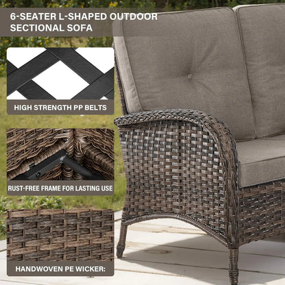 6-Seater Outdoor Sectional Sofa L Shaped Couch Patio Conversation Furniture Set, PE Wicker Patio Sectional Sofa, Customized