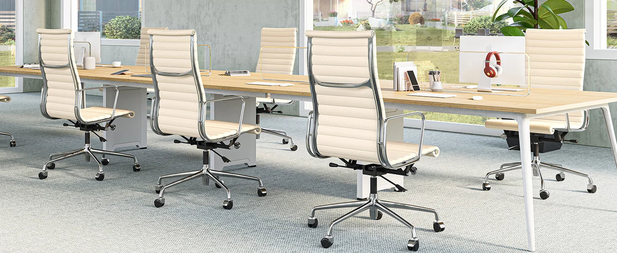 High Mid Back Ribbed Office Chair Genuine Leather Swivel Chair Adjustable Ergonomic Computer Chair with Aluminium Alloy Frame