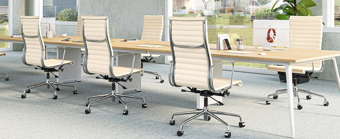High Mid Back Ribbed Office Chair Genuine Leather Swivel Chair Adjustable Ergonomic Computer Chair with Aluminium Alloy Frame