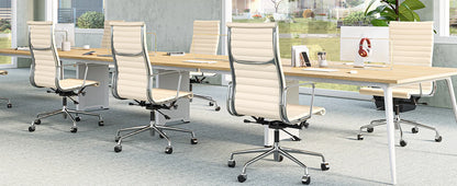 High Mid Back Ribbed Office Chair Genuine Leather Swivel Chair Adjustable Ergonomic Computer Chair with Aluminium Alloy Frame