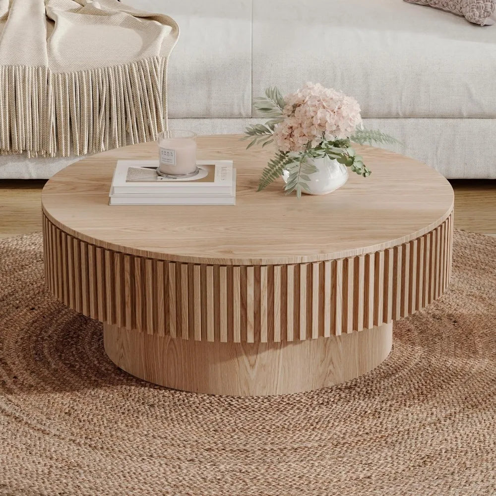 Modern Fluted Drum Coffee Table with Storage, Solid Wood Veneer, Circular Center Table for Living Room