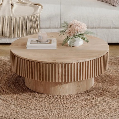 Modern Fluted Drum Coffee Table with Storage, Solid Wood Veneer, Circular Center Table for Living Room