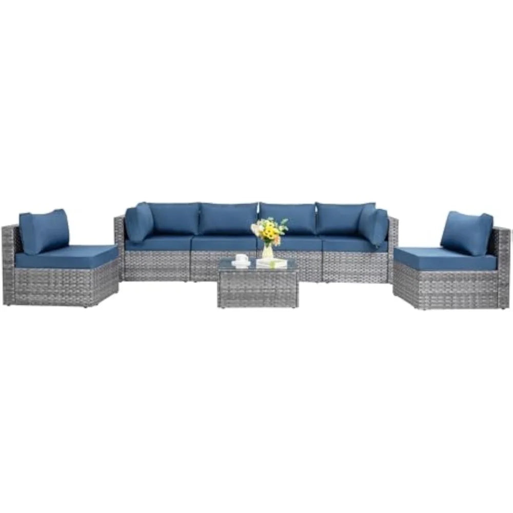Outdoor Patio Furniture 7-Piece Set: PE Wicker Rattan Sectional Sofa with Tempered Glass Table and Cushioned Seating