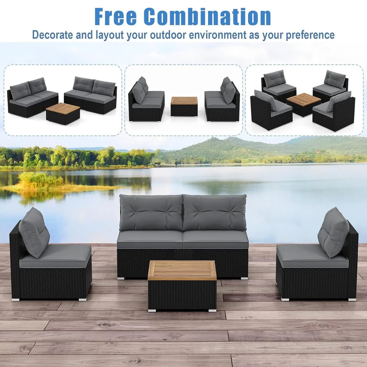 5pc PE Rattan Sectional Set 4 Armless Sofas Acacia Table Cushioned Garden Poolside Backyard Grey Customized