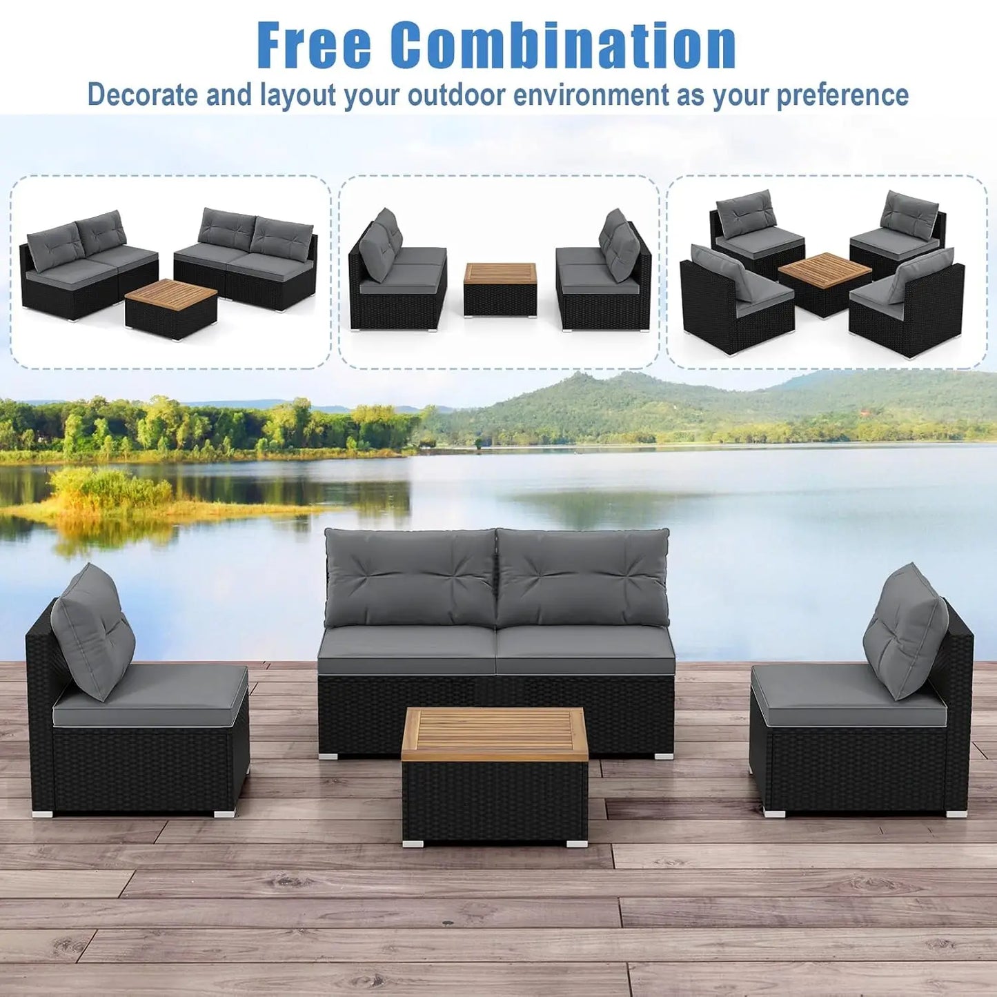 5pc PE Rattan Sectional Set 4 Armless Sofas Acacia Table Cushioned Garden Poolside Backyard Grey Customized