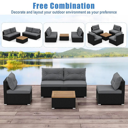 5pc PE Rattan Sectional Set 4 Armless Sofas Acacia Table Cushioned Garden Poolside Backyard Grey Customized